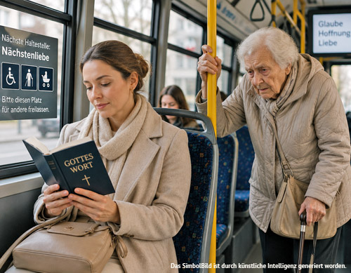 Junge Frau sitzt im Bus auf dem Behindertensitz und liest fromm im Wort Gottes, während neben ihr eine alte gebrechliche Dame kaum stehen kann.