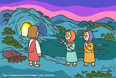 Auferstehung – zwei Frauen trauern am Grab um den vermeintlich toten Jesus